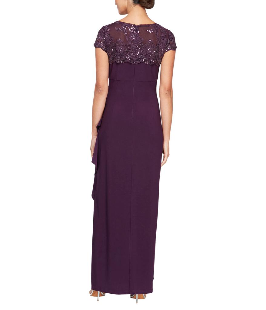 Alex Evenings Long Empire Waist Dress with Cascade Skirt and Embroidered Neckline