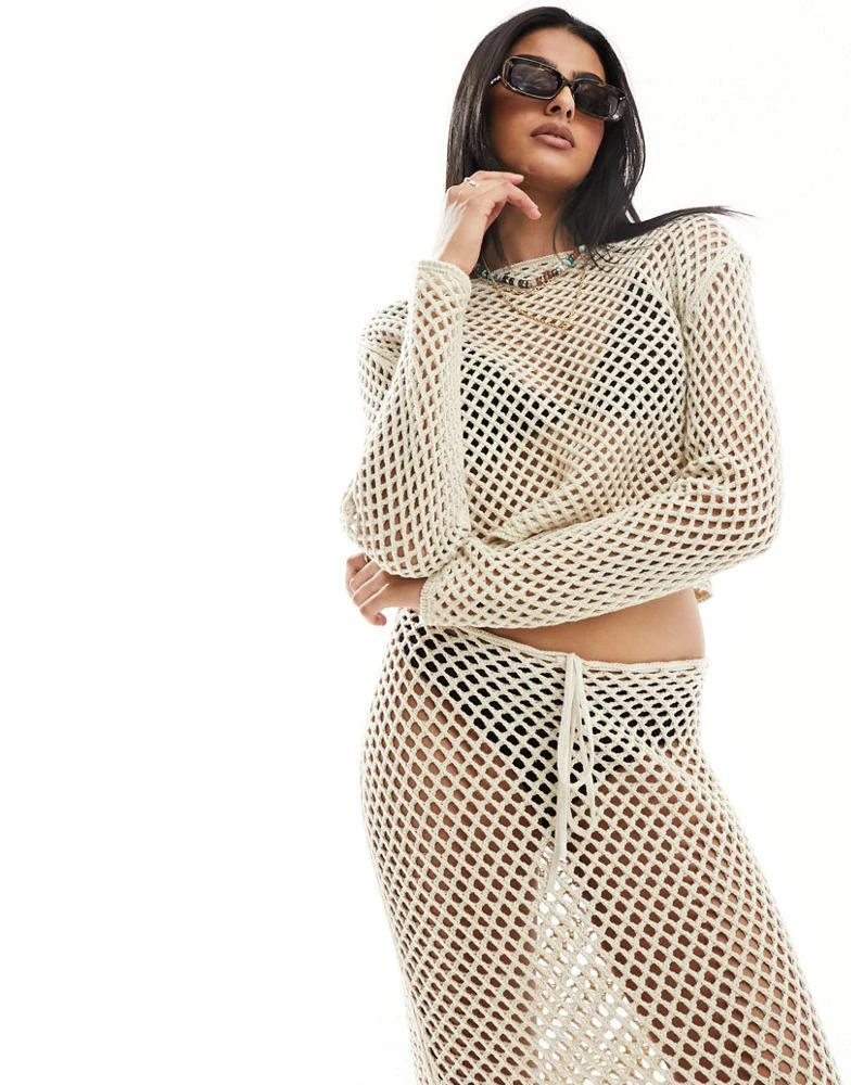 Miss Selfridge Miss Selfridge open knit crochet holey slouch jumper in taupe 1