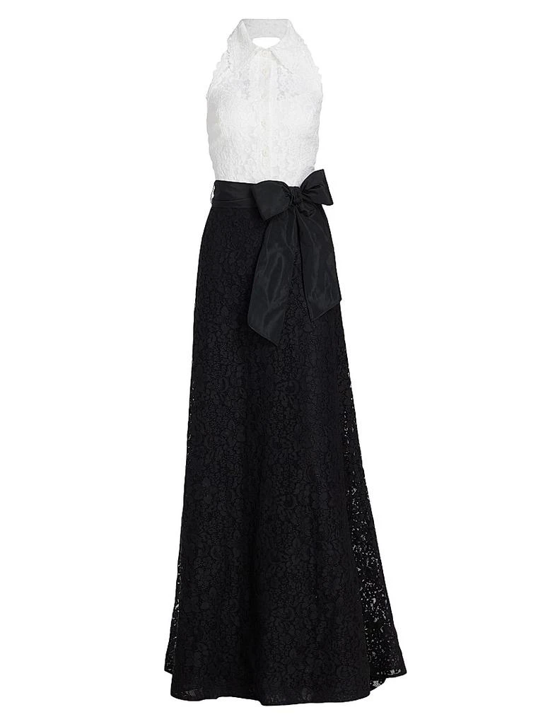 Teri Jon Collared Colorblocked Lace Gown