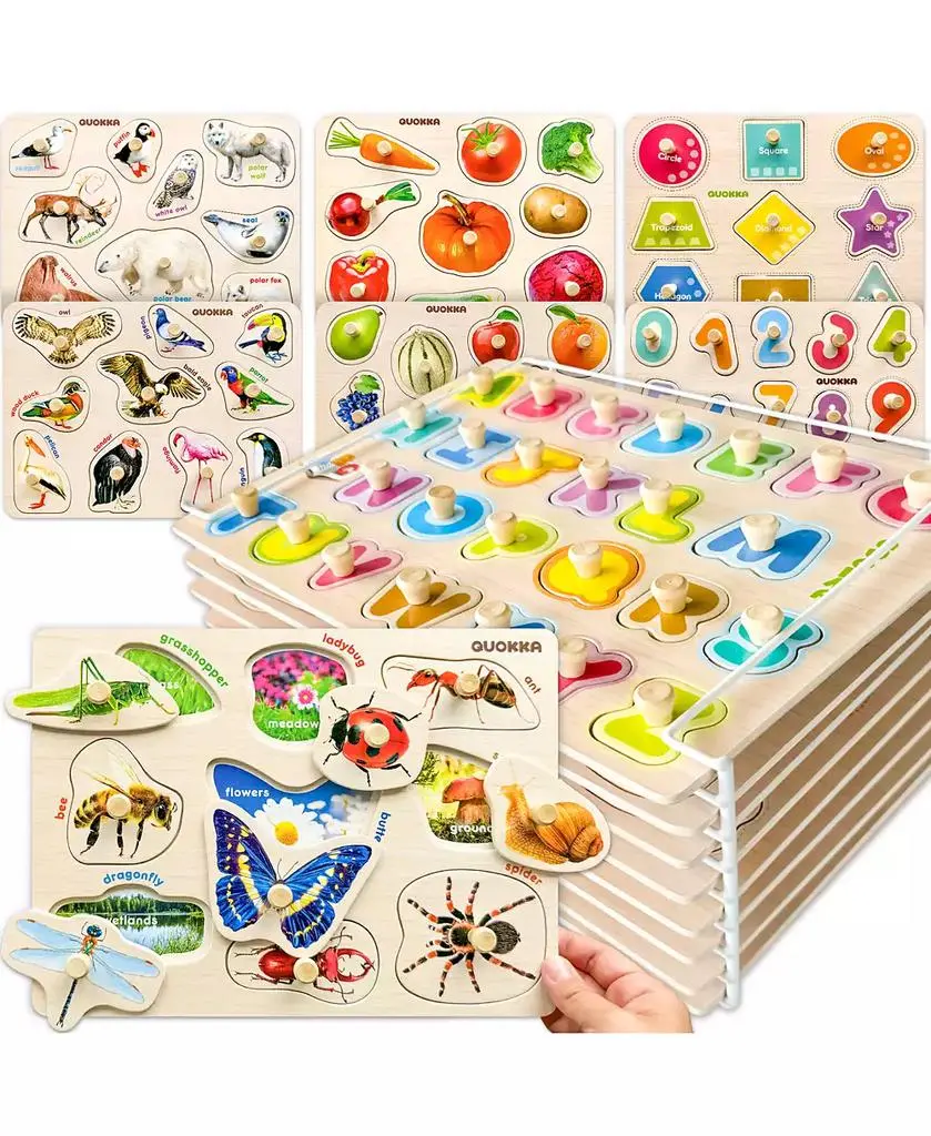 Quokka 8XSET Wooden Puzzles for Toddlers 2-4 with Rack - Alphabet, Numbers