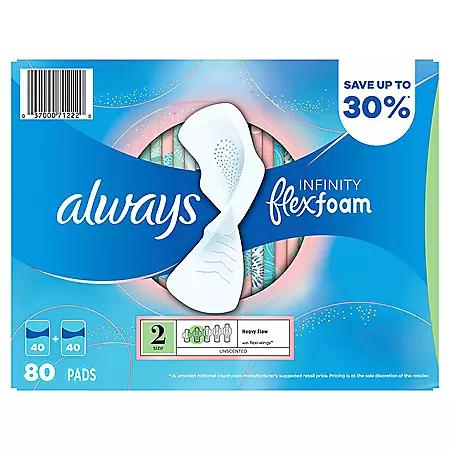 Always Always Infinity FlexFoam Heavy Flow Pads with Flexi-Wings, Unscented, Size 2, 80 ct.