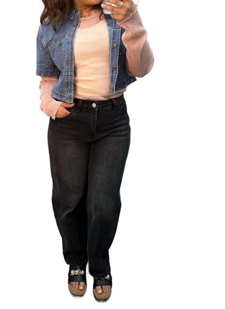 Cozy Co. Rhinestone Washed Denim Short Sleeve Shrug Top In Blue 2