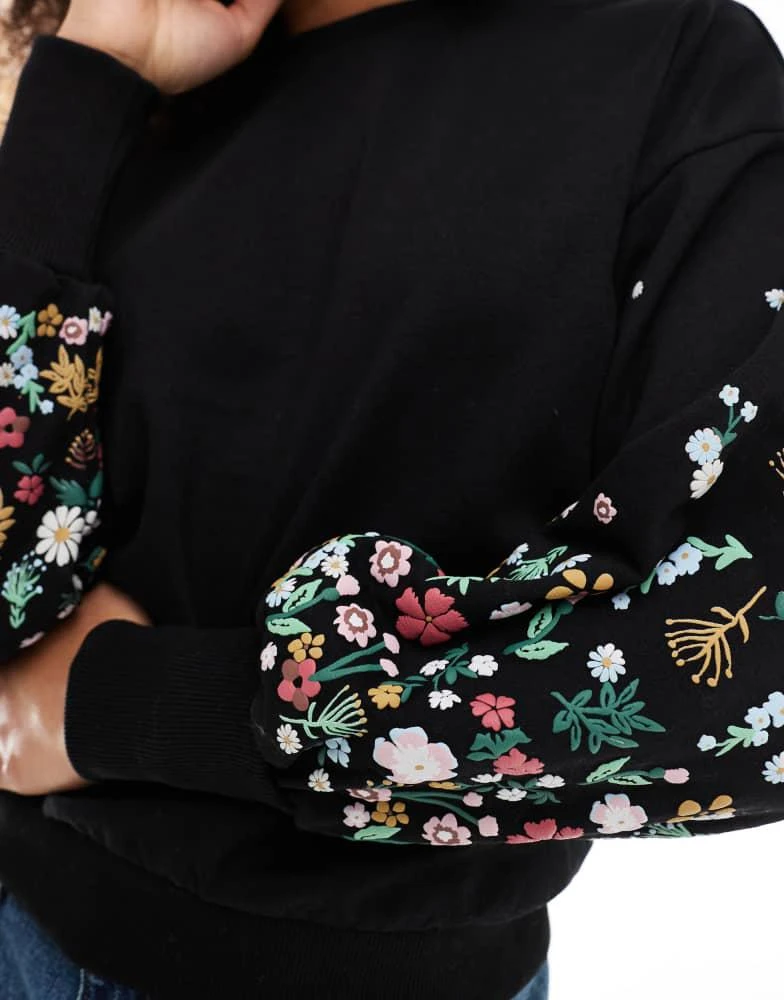 ONLY ONLY crew neck jumper with floral sleeve detail in black 3