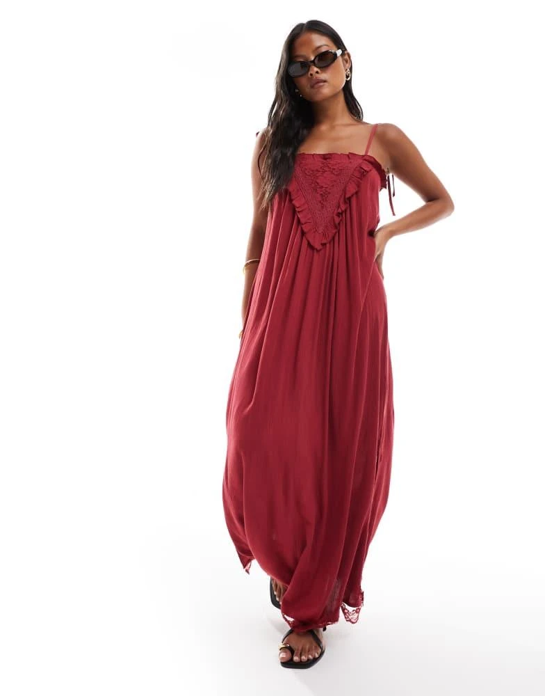 Miss Selfridge Miss Selfridge Petite lace detail maxi slip dress in red