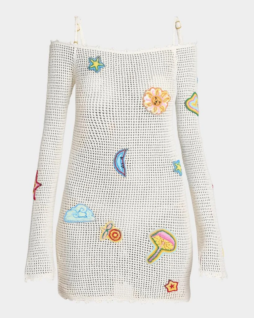Casablanca Off-The-Shoulder Patched Crochet Knit Mini Dress 1