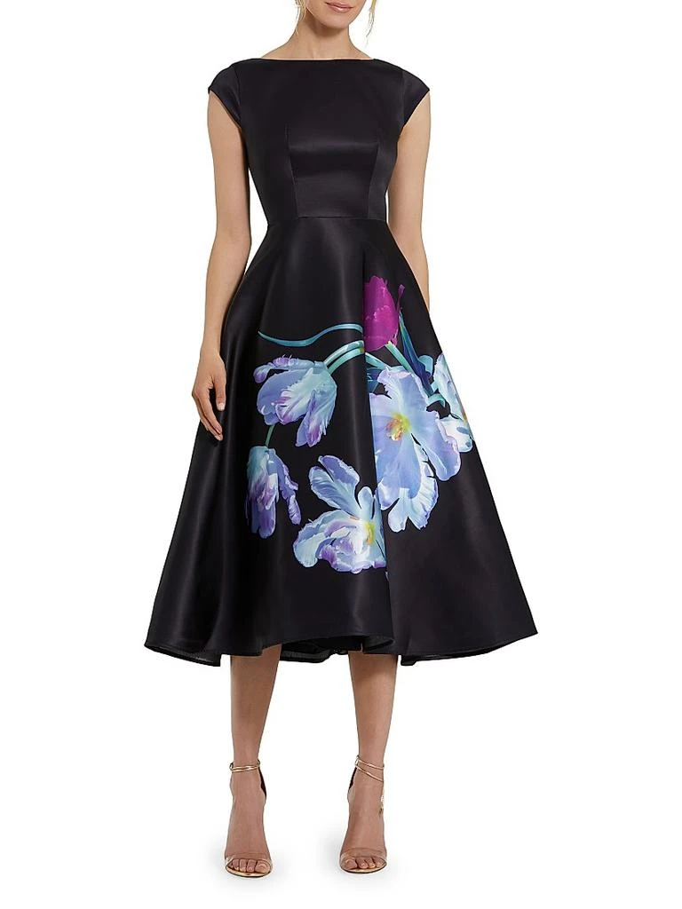 Satin Cap Sleeve Midi Dress With Floral Print - Mac Duggal Black Multi / US 10