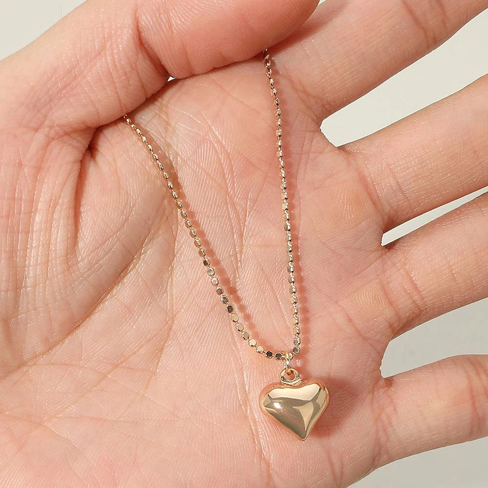 FASHNZFAB Puffy Metal Heart Pendant Beaded Chain Necklace