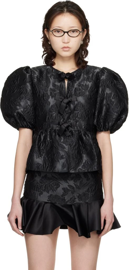 Ganni Black Satin Peplum Tie Blouse