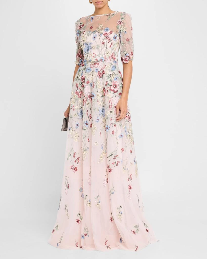 Teri Jon Floral-Embroidered Illusion Tulle Gown 4