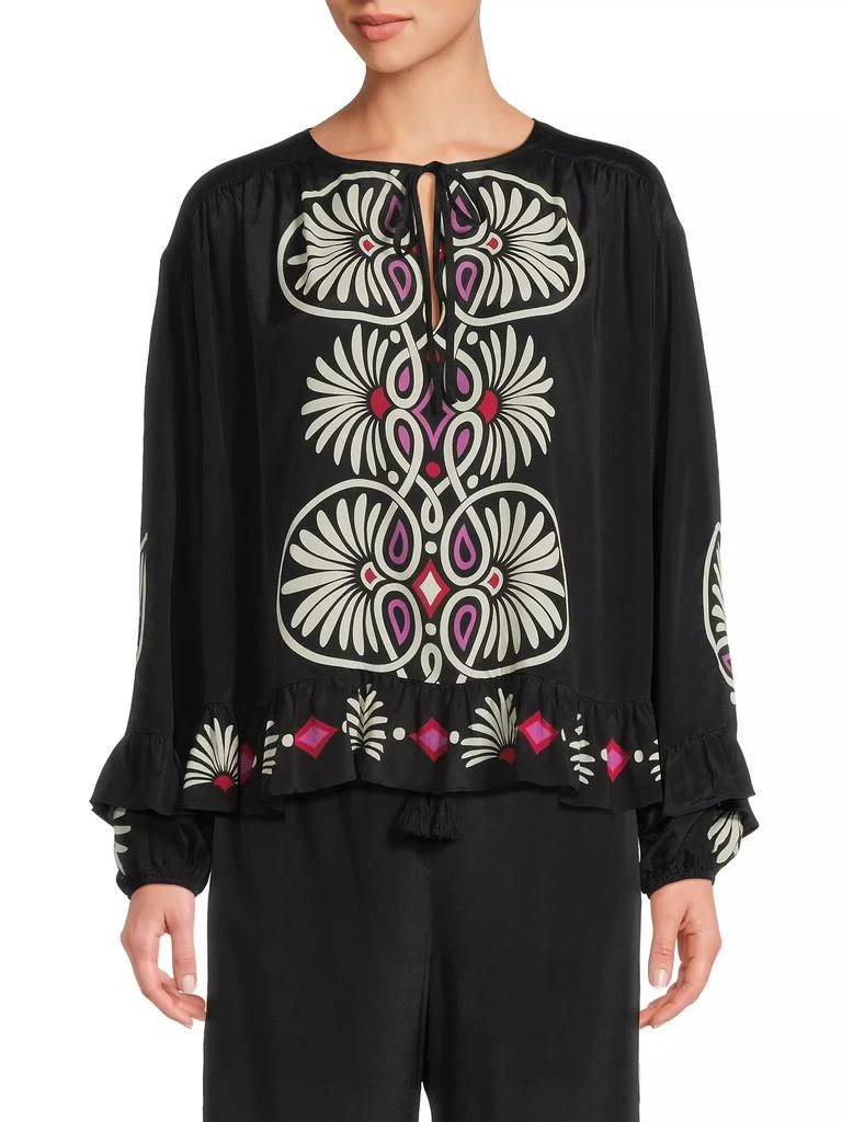 Johnny Was Madelyn Geometric Ruffled Tie-Neck Blouse 3
