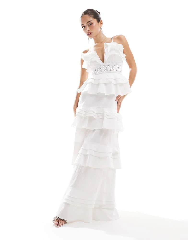 True Decadence True Decadence Plunge front tiered ruffle maxi-dress in white 1