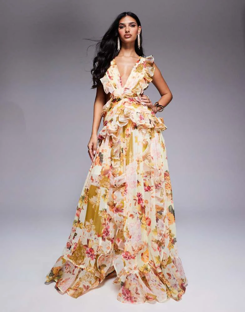 ASOS LUXE ASOS LUXE plunge maxi dress with ruched chiffon detail & open back in patchwork floral 1