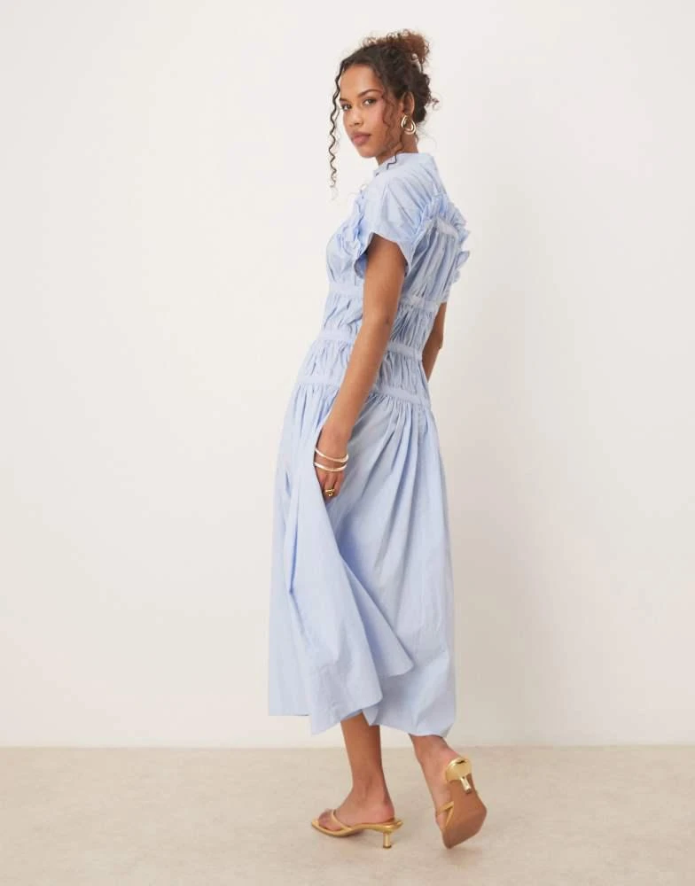 Ghospell Ghospell high neck ruched midi dress in blue 4