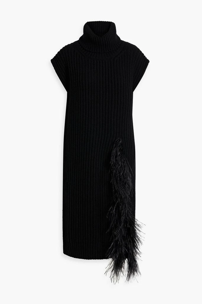 Valentino Feather-embellished ribbed wool and cashmere-blend turtleneck midi dress 1