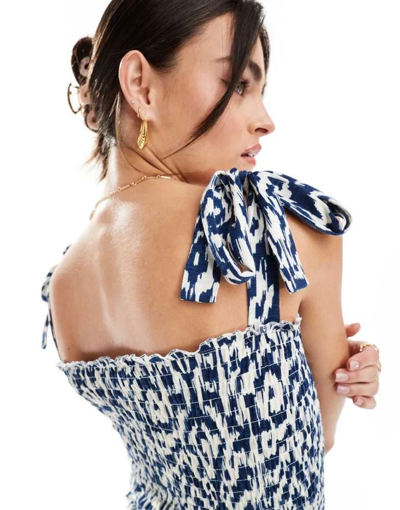 JDY JDY shirred smock top with tie straps in white & blue 2