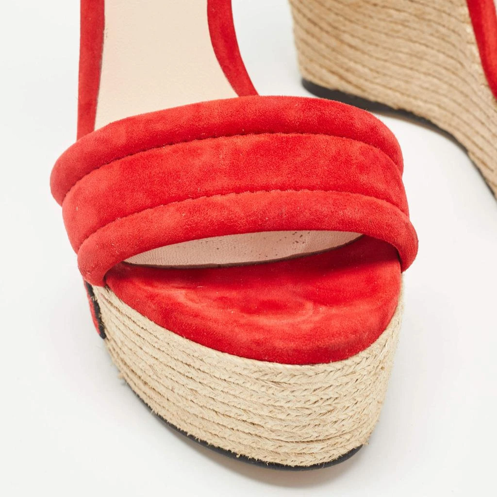 Gucci Gucci Red/Beige Suede Floral Embroidered Espadrille Wedge Platform Ankle Strap Sandals Size 37.5 8