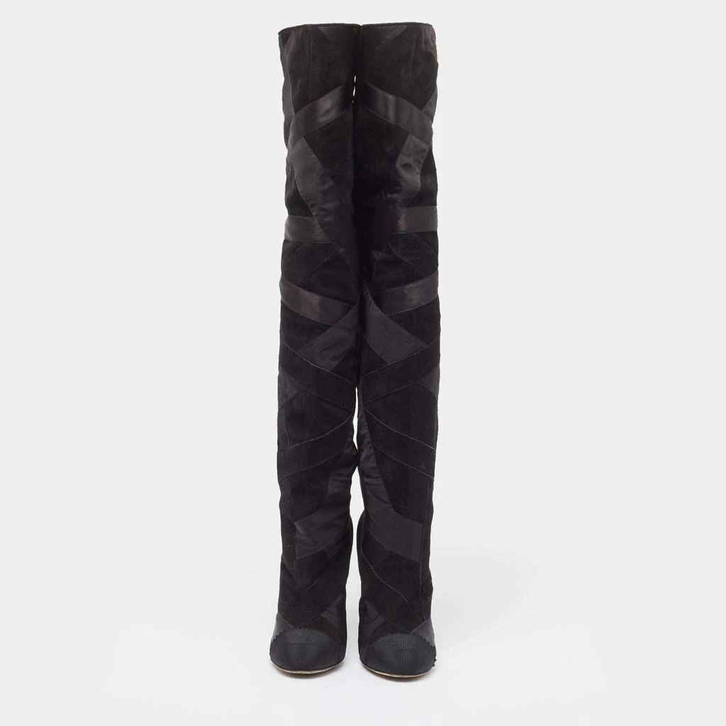 Chanel Chanel Black Suede and Grosgrain CC Cap Toe Knee Length Boots Size 39 3