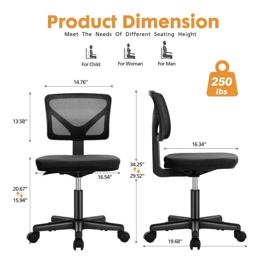 ERUULE Armless Office Chair with Lumbar Support, Adjustable Height, 360° Swivel, and Rolling Wheels 5