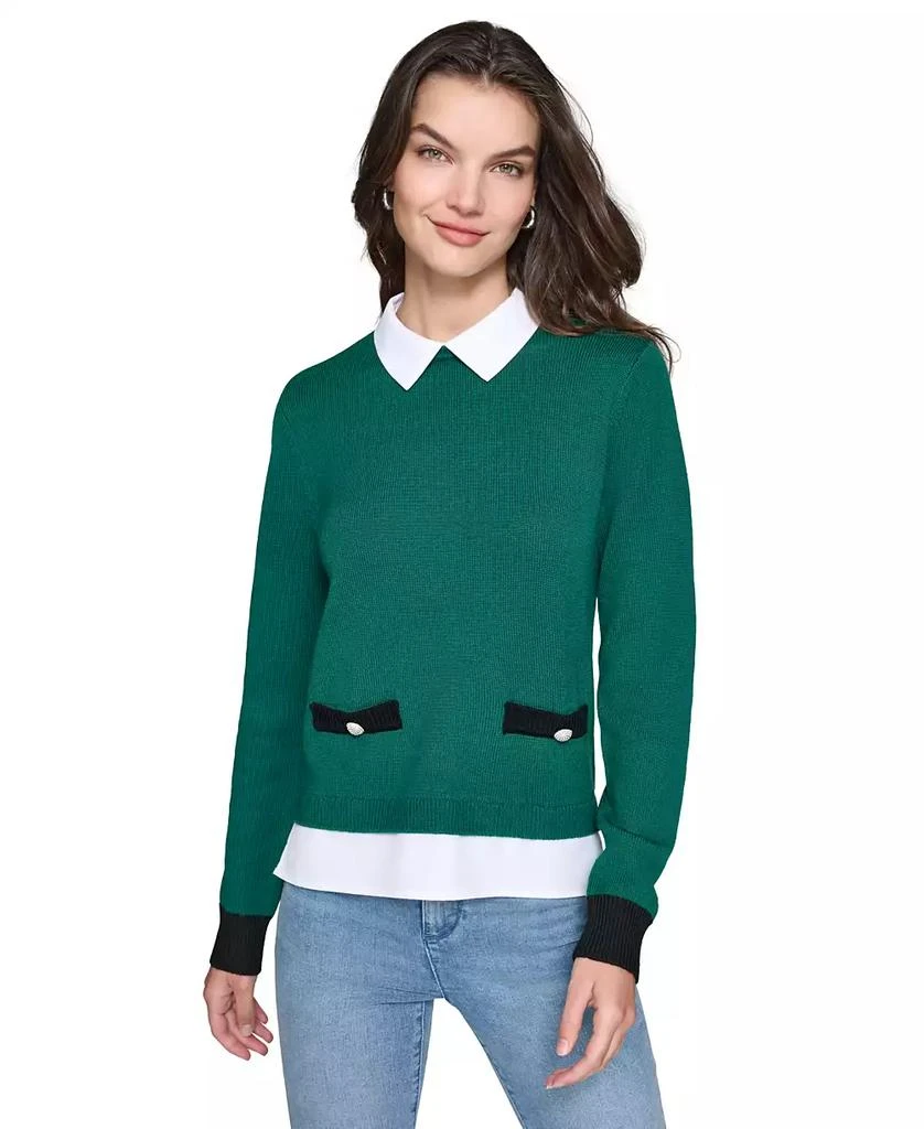 Karl Lagerfeld Paris Petite Layered-Look Shirt-Collar Sweater 1