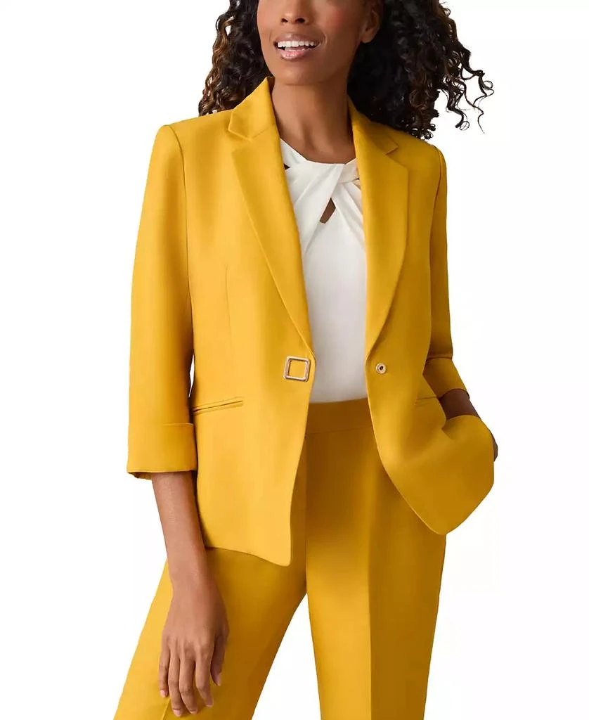 Kasper Petite Linen-Blend Button-Front 3/4-Sleeve Notch-Lapel Blazer 1