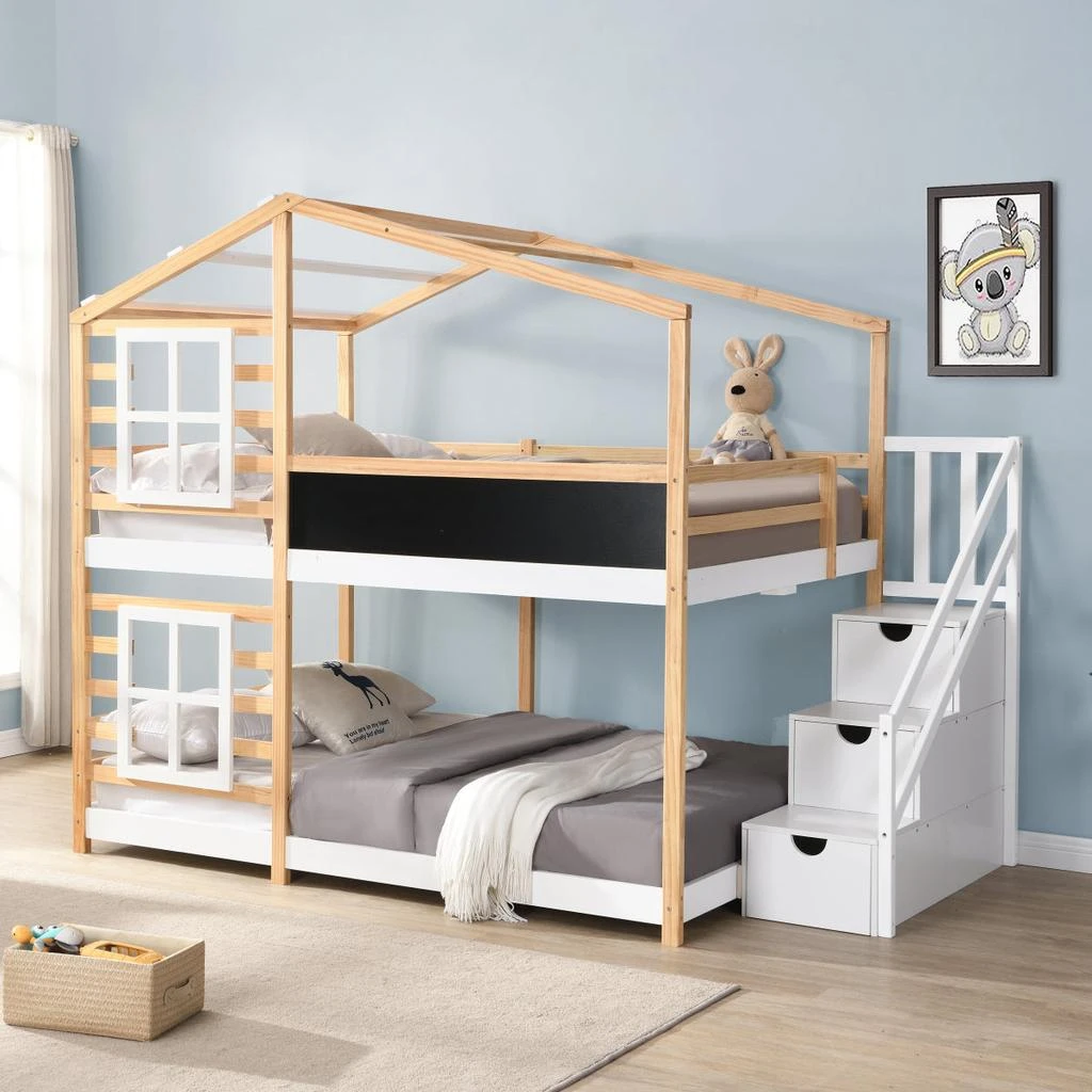 Streamdale Furniture Streamdale Full over Full Bunk Bed House Bed with Roof, Windows, Blackboard, Storage Ladder