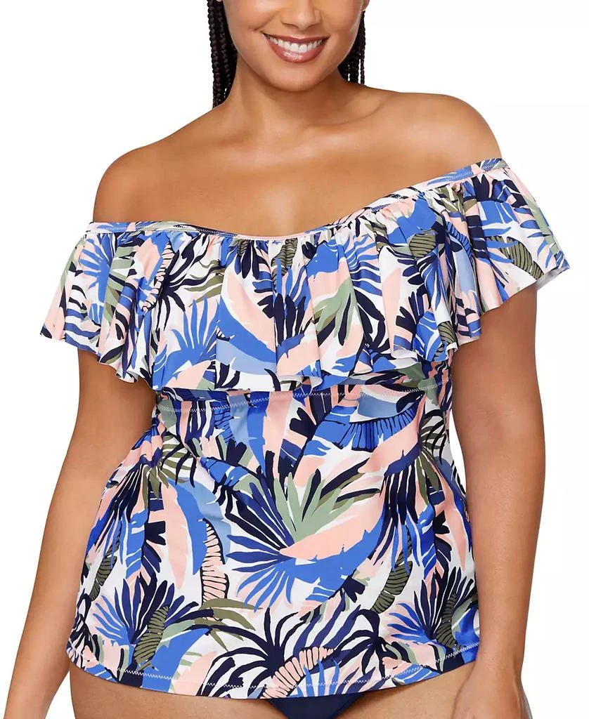 Raisins Curve Trendy Plus Size Tortuga Ruffled Off-The-Shoulder Tankini Top 1