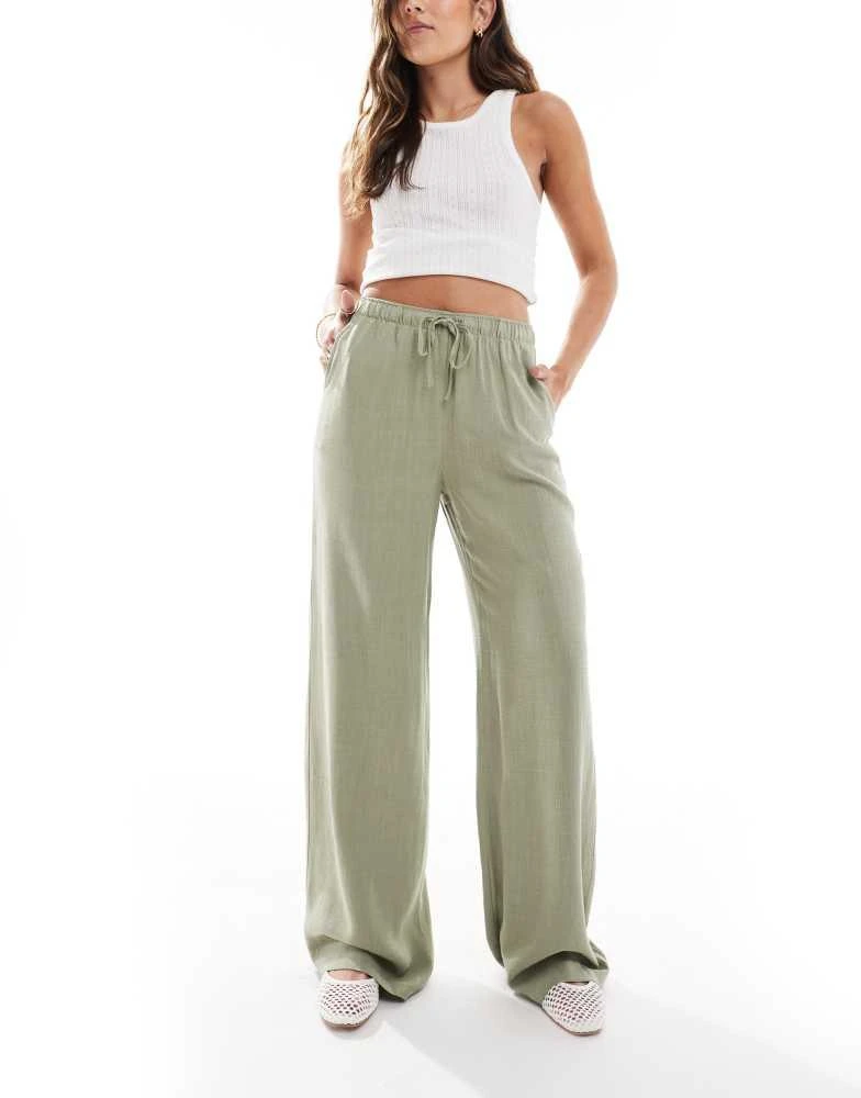 Stradivarius Stradivarius linen look pull on trouser in khaki 1