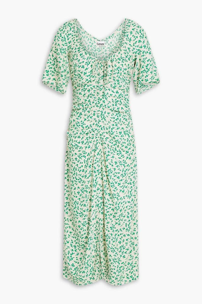 Ganni Ruched printed crepe midi dress 1