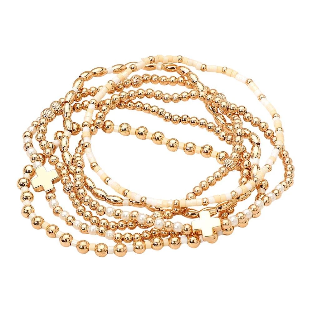 FASHNZFAB 6PCS - Cross Charm Accent Seed Beaded Stretch Multi Layered Bracelets 3