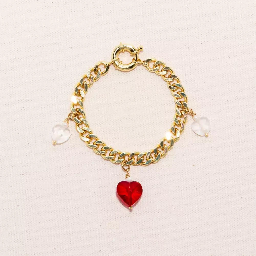 Joey Baby 18K Gold Plated Freshwater Pearls Chunky Chain with Glass Red Heart Charm - Kokoro Bracelet 7" For Women and Girls