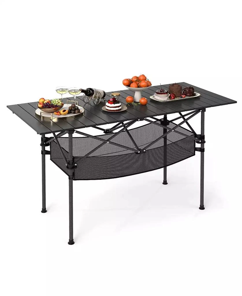 Mecale Folding Patio Camping Table with Roll-Up Top and Mesh Storage Basket, Portable