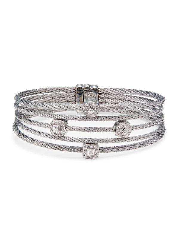 ALOR Classique 14K White Gold, Stainless Steel & 0.19 TCW Diamond Cable Bracelet