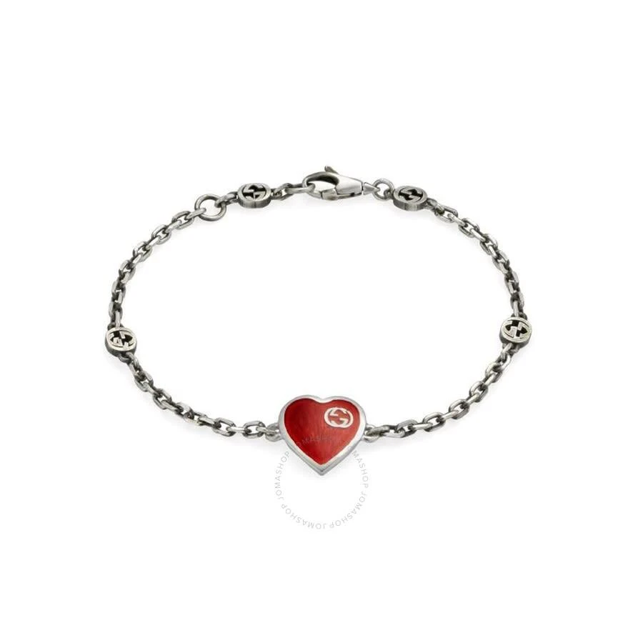 Gucci Gucci Heart Aged Finish Sterling Silver And Red Enamel Bracelet, Size 17 1