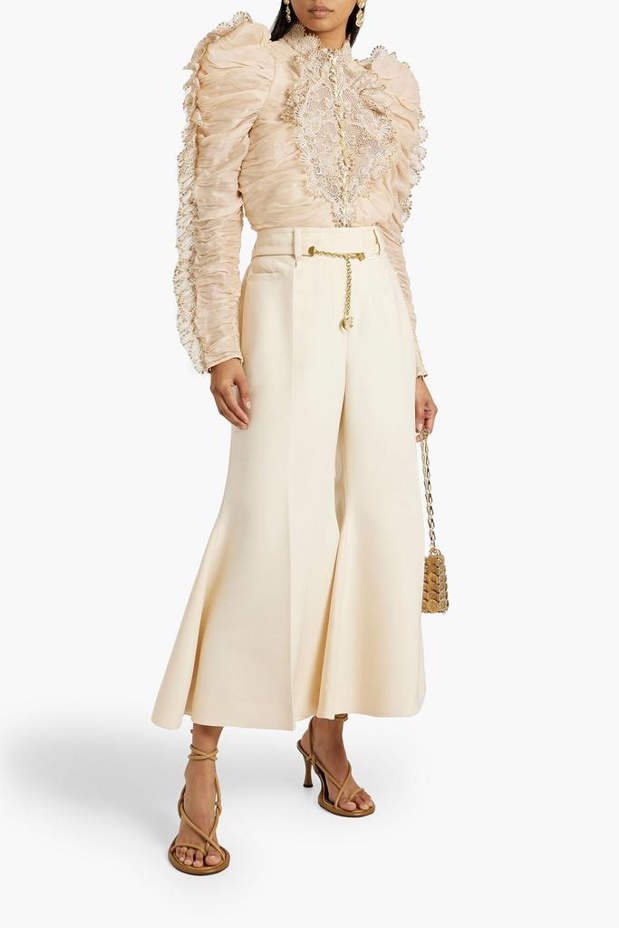 Zimmermann Crochet-paneled ruched linen and silk-blend top