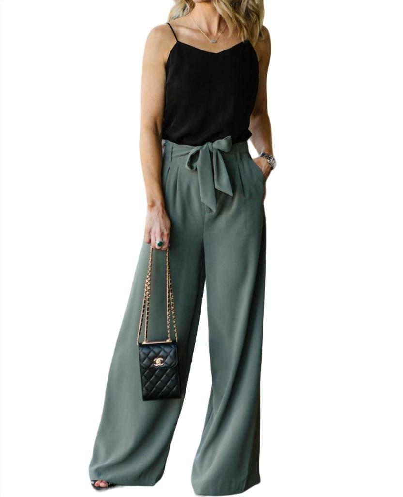 BB Dakota Wide Stride Tie Waist Trouser In Green