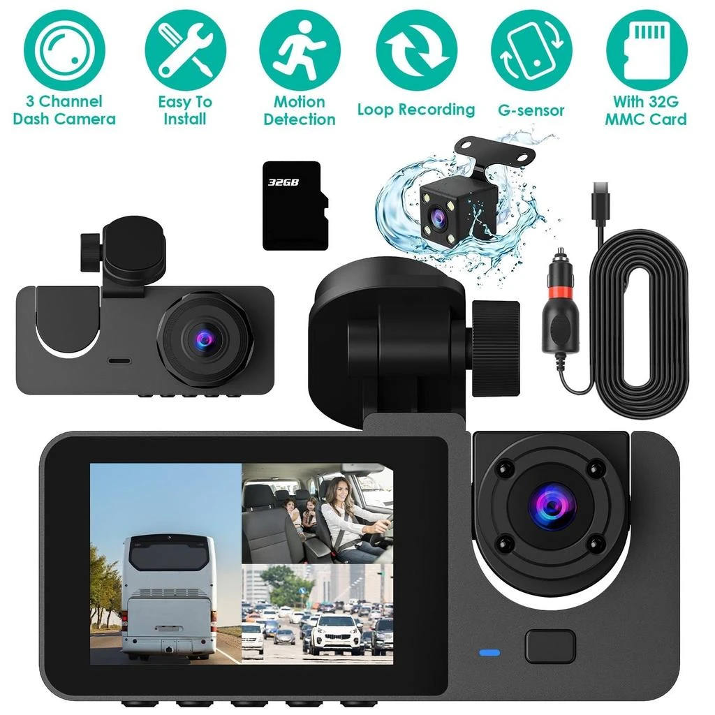 DIGIVISICA 3 Channel Dash Cam Front Inside Rear Vehicle Driving Recorder Car DVR with 32G MMC Card G Sensor Motion Detection Parking Monitor Loop Recording