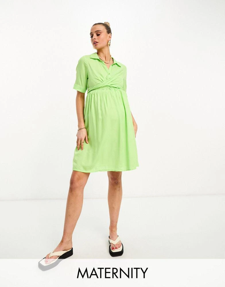 Mama.licious Mamalicious Maternity wrap front shirt midi dress in green 1