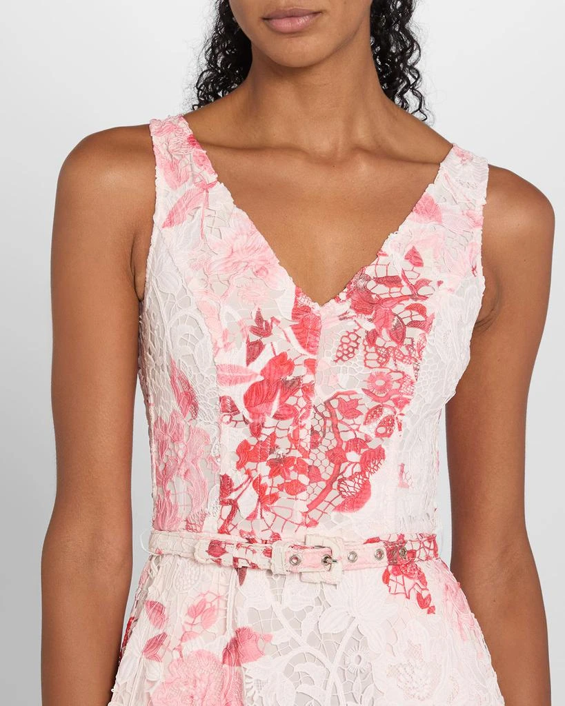 Monique Lhuillier Rose-Print Lace Belted Sleeveless Midi Dress 5