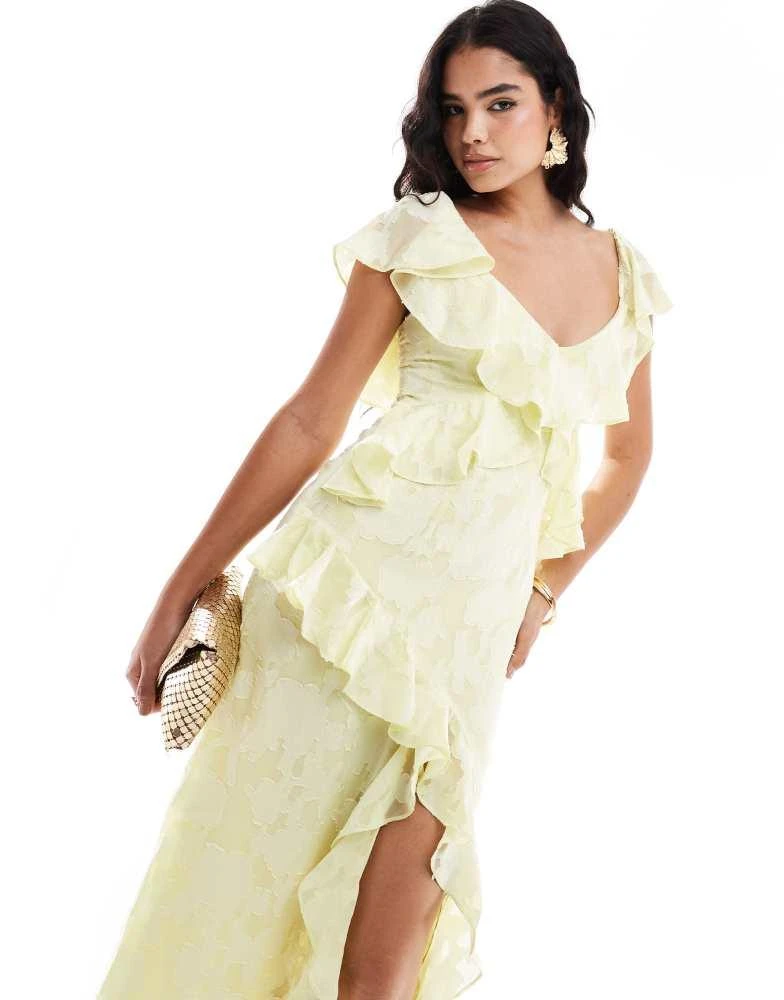Pretty Lavish Pretty Lavish jacquard floral ruffle midaxi dress in butter lemon 2
