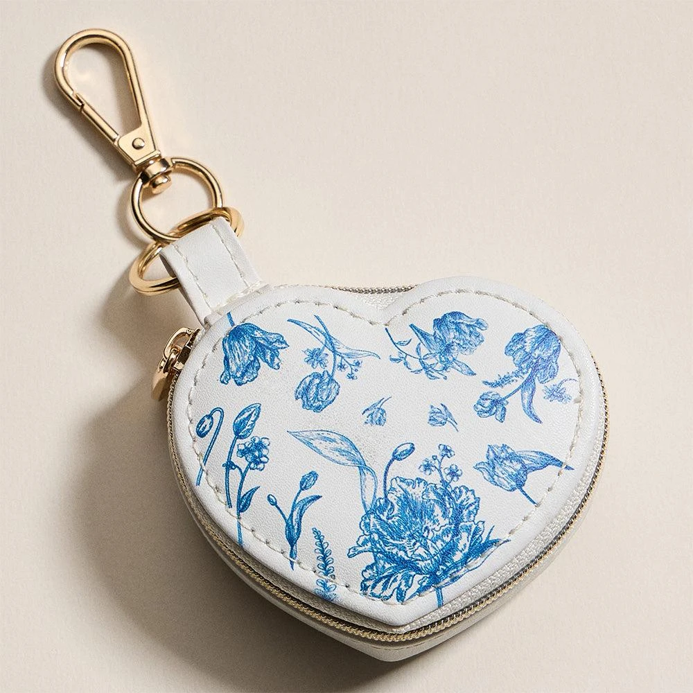 FASHNZFAB Floral Pattern Print Heart Shaped Jewelry Case Keychain Bag Charm