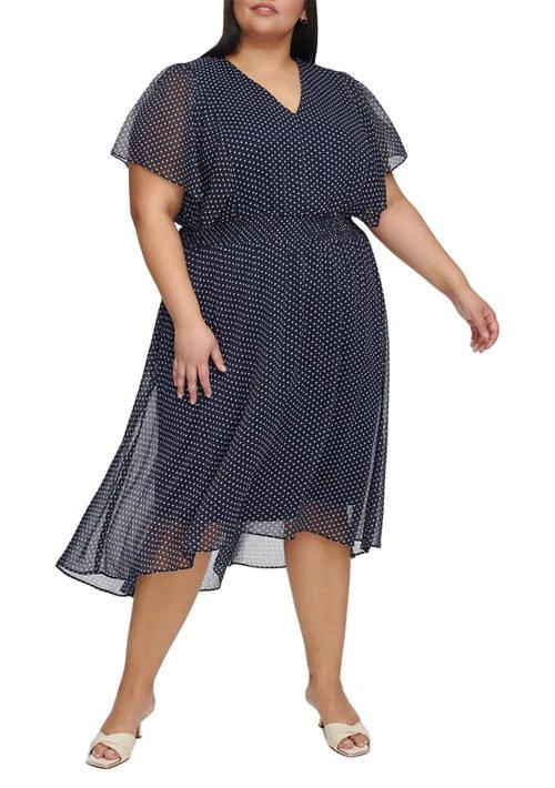 DKNY Plus Size Short Sleeve V-Neck Chiffon Midi Dress