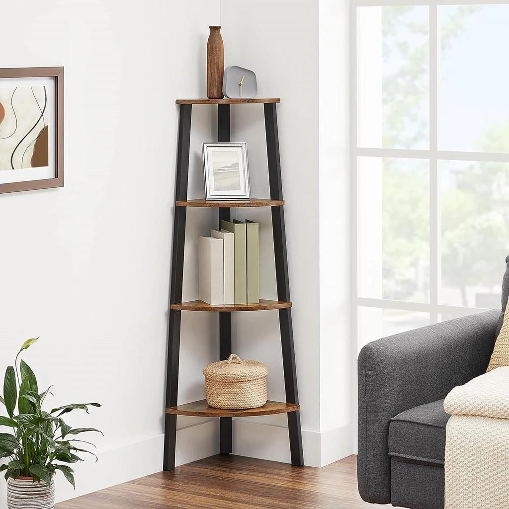 QuikFurn Narrow 3-Shelf Corner Shelving Unit Plant Stand Bookcase in Brown Black Wood 3