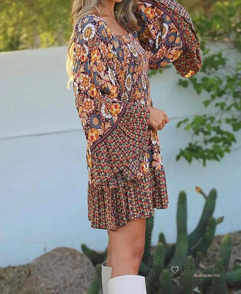 Angie Ember Bell Sleeve Mini Smock Dress In Brown-Multi 3