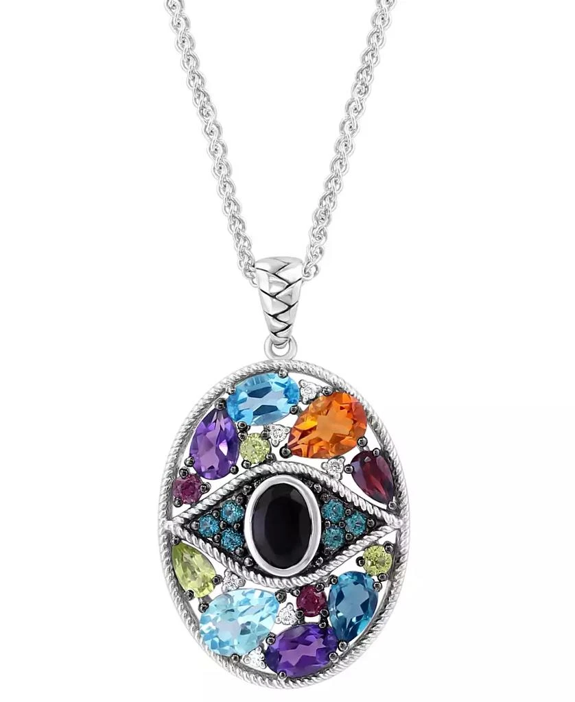 Effy EFFY® Onyx, Multi-Gemstone (4-5/8 ct. t.w.) & Diamond (1/20 ct. t.w.) Evil Eye Cluster 18" Pendant Necklace in Sterling Silver 4