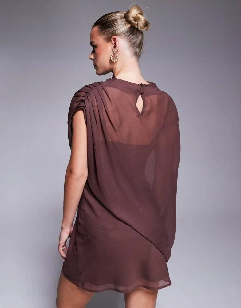 ASOS ASOS DESIGN Petite high neck draped asymmetric mini dress with cut out in chocolate 4