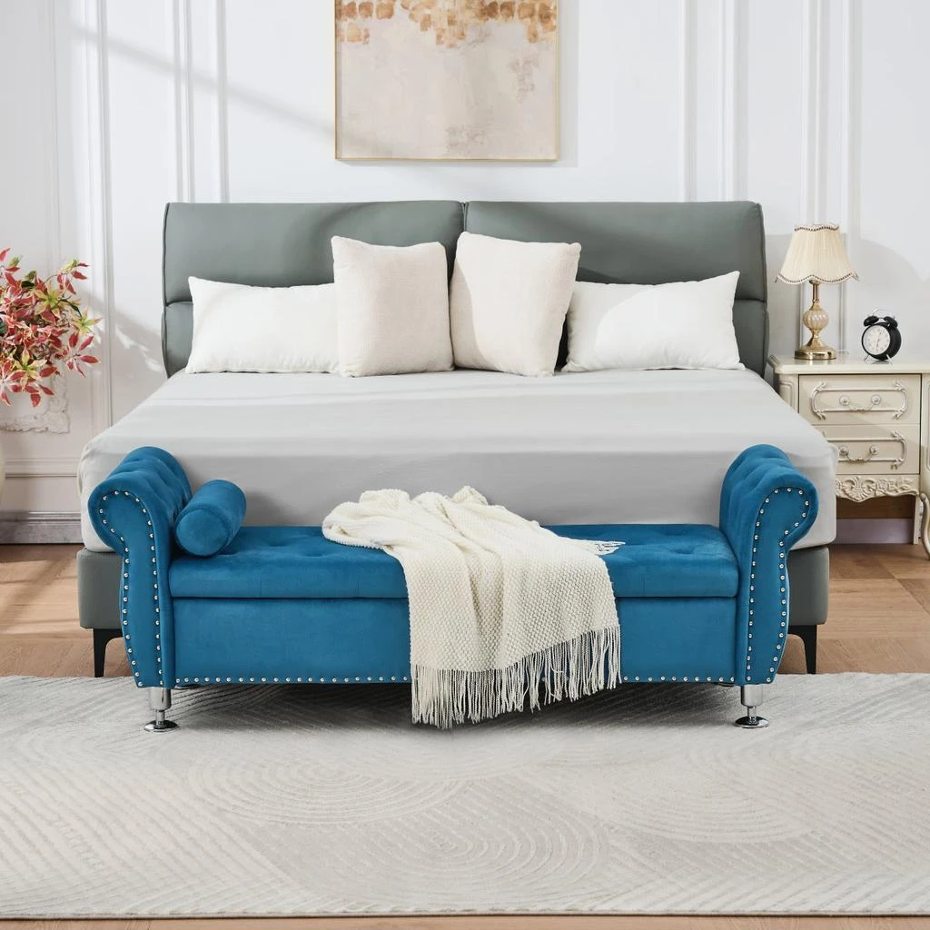 Streamdale Furniture Streamdale Blue 62.2" Soft Velvet Storage Bench with Crystal Buttons 
Pillow 2