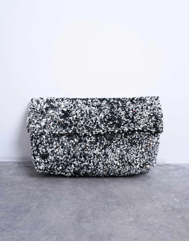 Topshop Topshop Georgia folded clutch grab sequin bag in silver 2