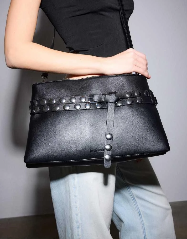Stradivarius Stradivarius Studded belt cross-body bag in black 3