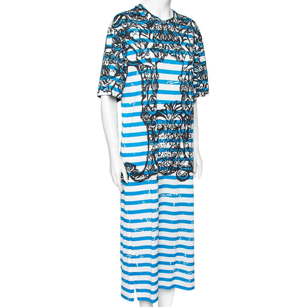 Prada Prada Blue & White Striped Cotton Printed Short Sleeve Dress M