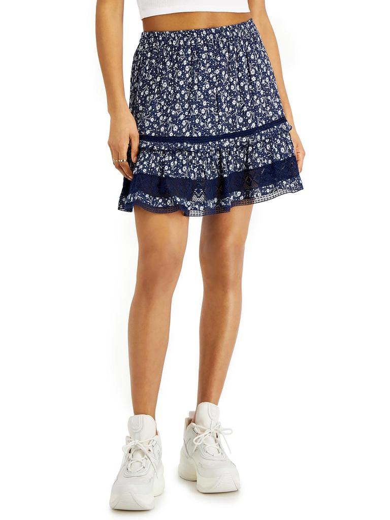 Angie Womens Lace Trim Floral Print Mini Skirt